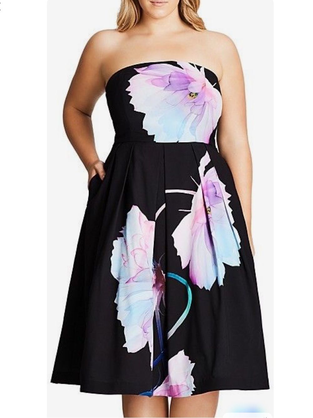 City Chic 20WStrapless NWT Black Dress with Bloom Print (comes with straps)